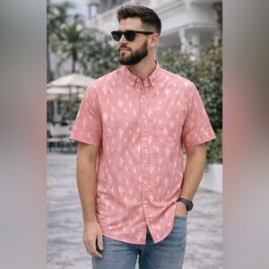 Heritage Short Sleeve Button Down Shirt Pink Cactus Print XXL Slim Fit NWT